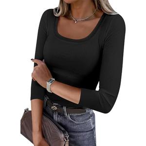 ANRABESS Womens 3/4 Sleeve Scoop Neck Tops Ribbed Knit Slim Fitted Casual Basic Tee Shirts 2025 Fall Trendy Going Out T-Shirt, S