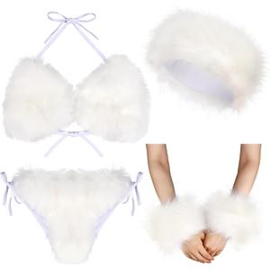 Ramede 4 Pcs Women's Faux Fur Bikini Bra Top Fur Headband Wrist Cuffs Bikini Panties Set Furry Suits for Women Swimsuits (White)