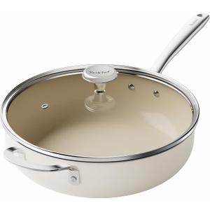 Redchef Ceramic Saute Pan with Lid, Nonstick Deep Frying Pan, 5QT Jumbo Cooker with Helper Handle & Lid, Non Toxic Ceramic Cooking Pan, Chef Pan, Dishwasher & Oven Safe, PFAS PFOA & PTFE Free (Beige)