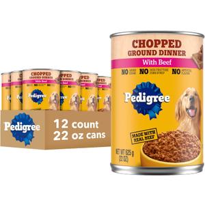 Pedigree Chopped Ground Dinner Adult Soft Wet Dog Food with Beef, Canned Dog Food, 22 oz. Cans, 12 Count (EXP 01/13/28)
