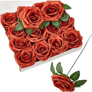 Artificial Flowers Burnt Orange Fake Rose Silk Rose 16 Pcs Real Looking Fake Flowers with Stems for DIY Wedding Bouquets Party Tables Centerpieces Floral Arrangements Festival Decoration