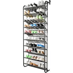 AQQHSAIN 10 Tier Over The Door Shoe Organizer Wall Shoe Shelf Shoe Holder Door Shoe Rack for Closet Pantry Hanging Shoes Clothes Toys Storage Shelves (Black)