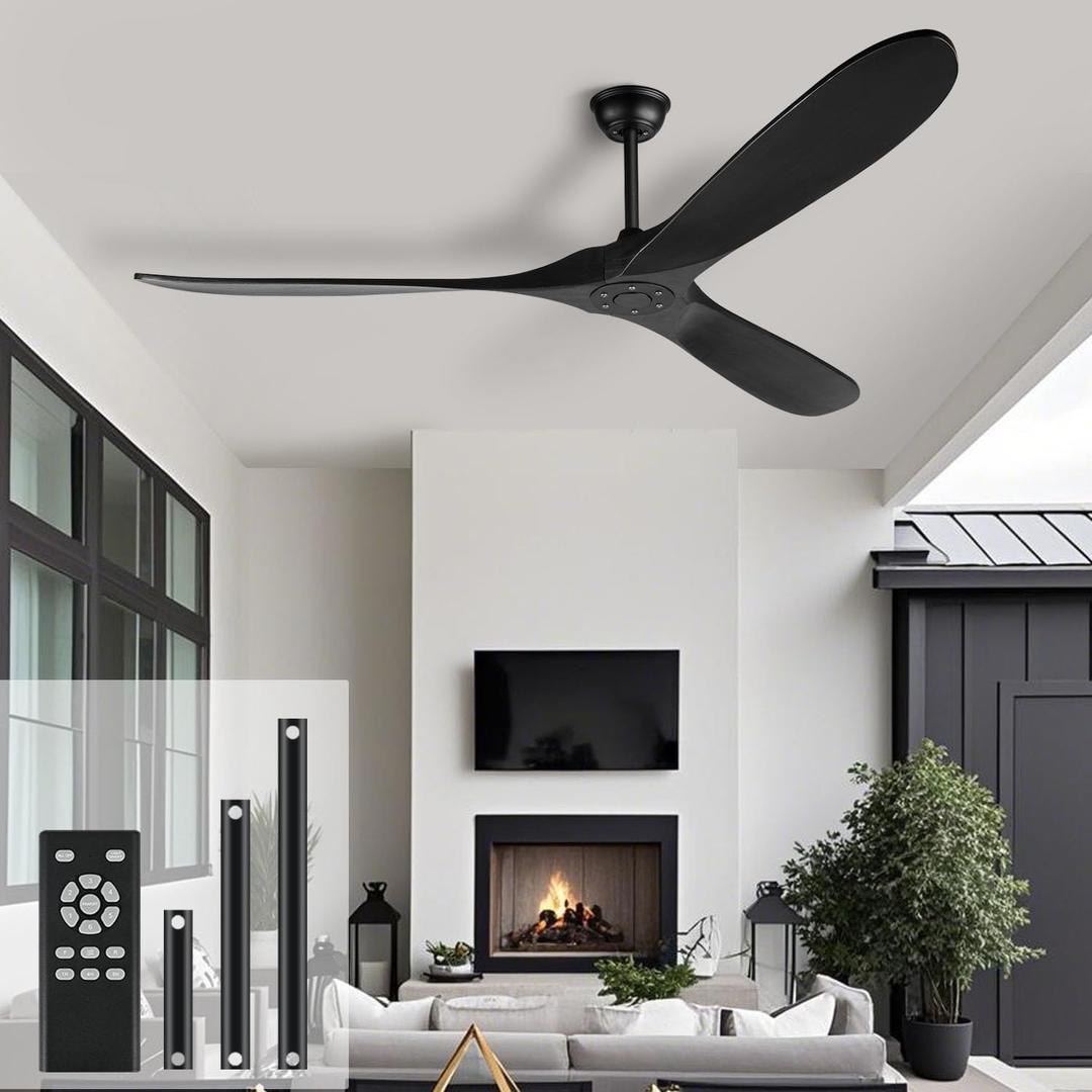 heimo 52 inch Black Ceiling Fan No Light,3 Blade Wood Indoor Outdoor Ceiling Fans Without Lights for Patios Bedroom Living Room Mid Century Modern Propeller Outside Exterior Wooden Fan with Remote