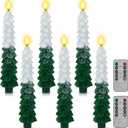 Funtery 6 Pcs LED Christmas Tree Flameless Taper Candles Real Wax Battery Operated Candlestick Lights with 3D Flame and Remote Timer Window Fireplace(Snow-Topped,Christmas Tree)