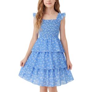 Cubear Girls Summer Floral Dress with Tiered Ruffle Skirt and Flutter Sleeves - Summer Smocked Sundress for Girls 9-13 Years (Blue)