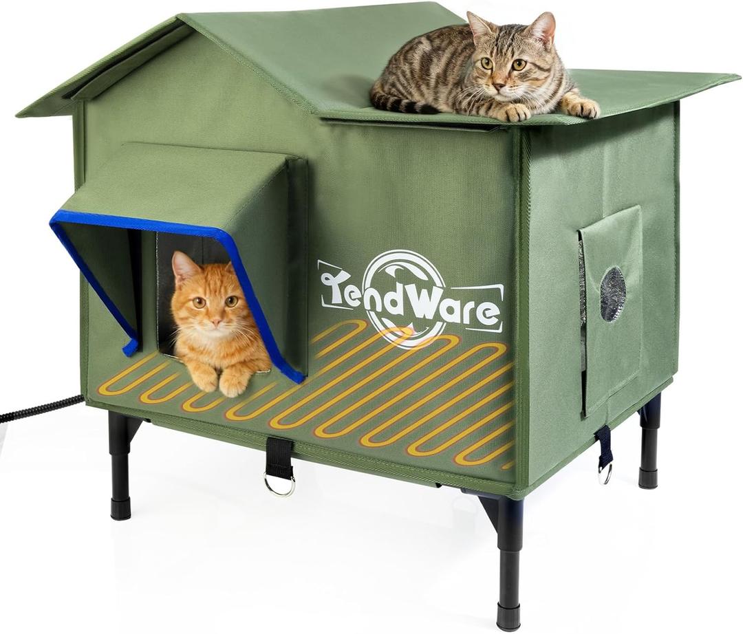 Outdoor Cat House Heated Cat House for Outside with Elevated Base Cat-Attracting Eave Design Feral Stray Shelter Weatherproof in Winter Garage Yard Porch (21" x 17" x 17")