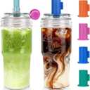 ANOTION 2pc Glass Tumbler with Lids and Straws, Leakproof 24oz Mason Jar Cups, Cap Cup Leak-Proof, Self-Assembly Silicone Straw, Reusable Iced Coffee Smoothie Matcha Cup Aesthetic Coffee Gifts Women