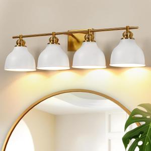 Gold Bathroom Vanity Light, 4-Light Bathroom Light Fixtures Over Mirror, Milk White Bell Glass Shades, Bathroom Vanity Lights for Mirror, Bath, E26 Base