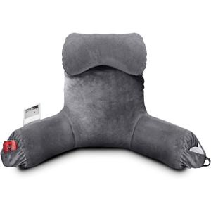 Reading Pillow for Sitting in Bed Adult, Bed Pillow with Shredded Memory Foam, 25''H Pillow with Detachable Neck Roll, Washable Cover, Back Pillow Sitting Up with Extend Arms, Gery (Grey)