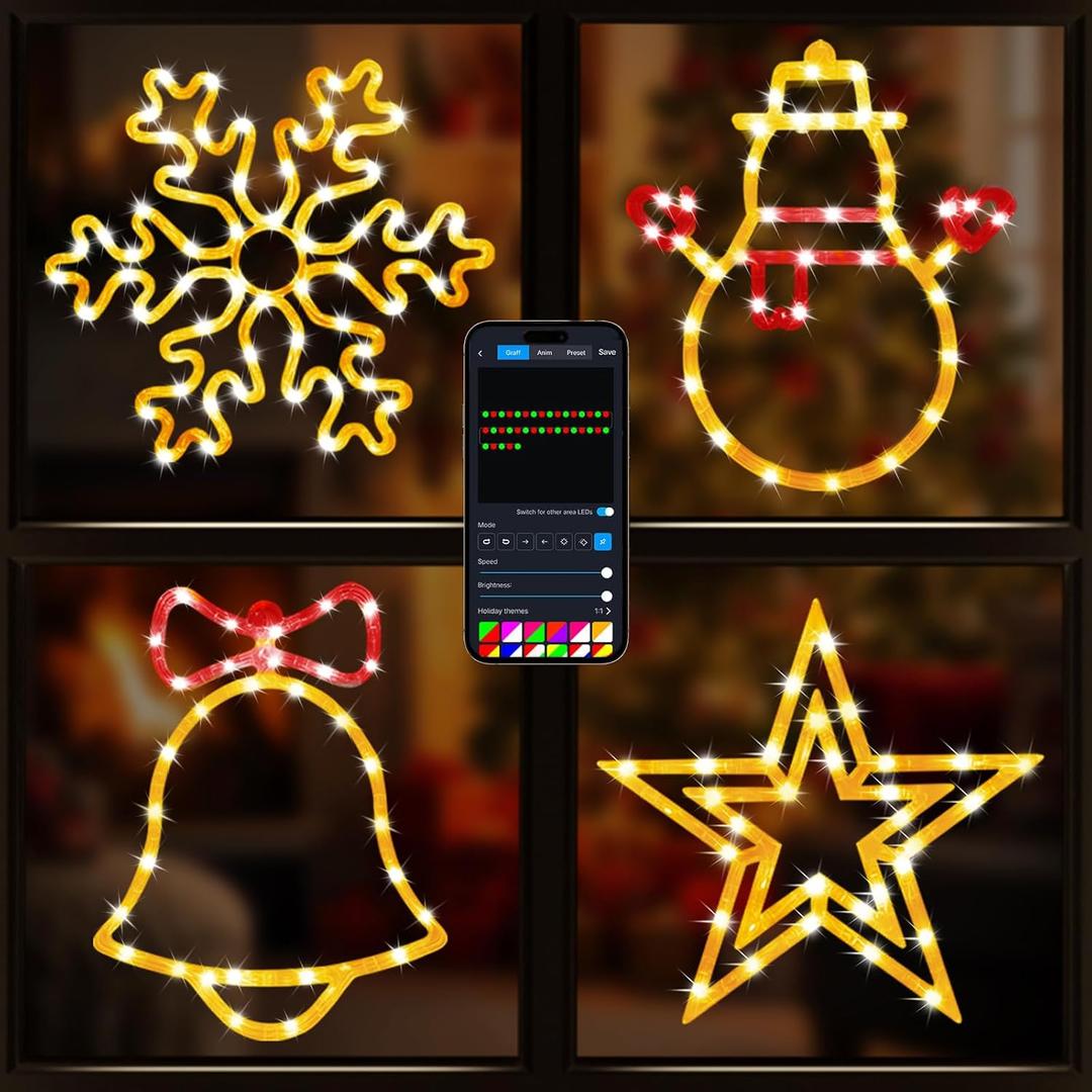 4pack-Christmas Window Silhouette Lights Decorations with APP & Remote Bells, Snowflakes, Snowmen, Stars, Christmas Window Lights with 16 Million Colors for Holiday Indoor Wall Door Glass Decorations