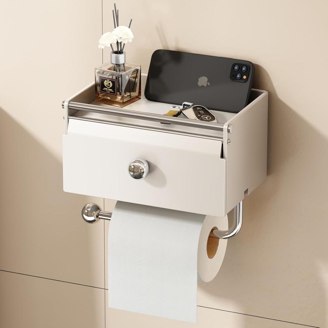 Voldra Toilet Paper Holder with Shelf, Flushable Wipes Dispenser for Bathroom, Adhesive Toilet Paper Roll Holder with Storage Wall Mount Stick On Bathroom Tissue Holder Front Flip Design (Matte White)