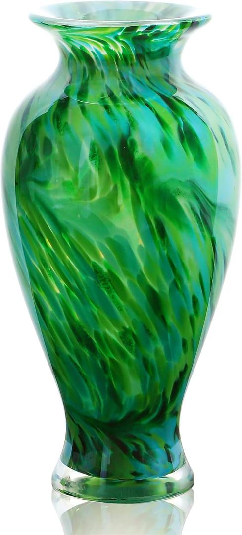 Hand Blown Green Classic Vase for Home Decor, 11.5Inch Glass Flower Vase for Shelf Decor, Living Room Decor, Centerpieces, Unique Gift for Her Mom Sister Friends (Style-6)