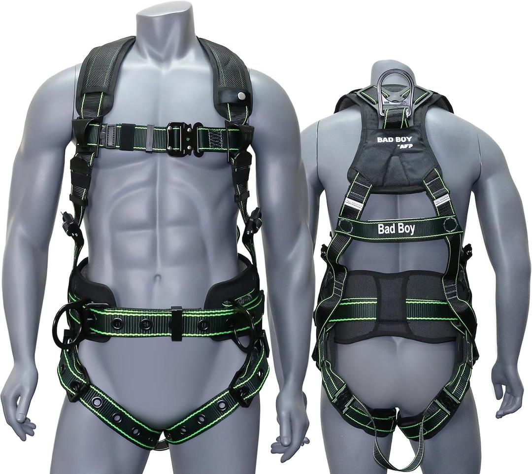AFP Fall Protection Full-Body Premium Safety Harness, 8 Thick Support Belt, Aluminum D-Rings, Tongue Buckle (OSHA/ANSI PPE) (XX-Large, Black W/Lime)