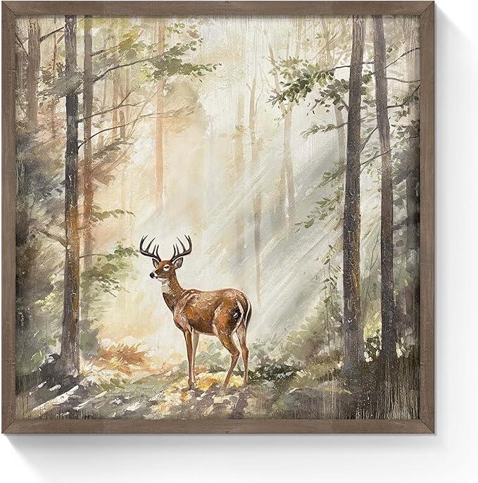 SunFlax Wildlife Elk Wooden Wall Art: Forest Deer Decor Natural Scenery Animal Pictures Rustic Farmhouse Painting for Bedroom Home 24" W x 24" H