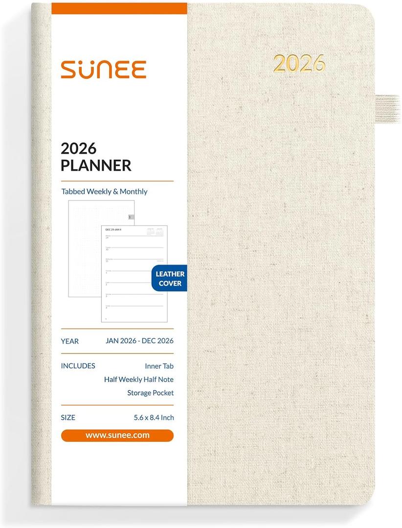 SUNEE 2026 Weekly and Monthly Planner 5.5" x 8.3" (January 2026-December 2026), Half Weekly Half Note, Small Yearly Calendar Planner, Vegan Linen Hardcover, 100 GSM Paper, Notes, Inner Pocket, Beige