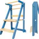 Foldable Toddler Learning Standing Tower, WOOD CITY Montessori Kitchen Step Stool Helper with 3 Adjustable Heights Learning Kitchen Tower for Counter and Bathroom Sink (Natural-Sky Blue)