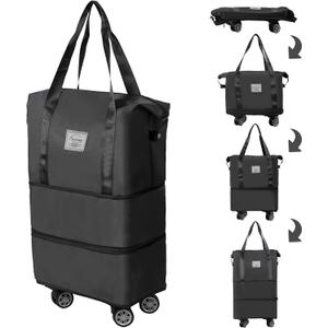 Finnhomy 50L Expandable Rolling Duffel Bag with Wheels Foldable Duffel Bag for Travel Carry on Bag with Wheels Luggage Travel bag Detachable Wheel Duffel Bag for Shopping Travel Outdoor, Black
