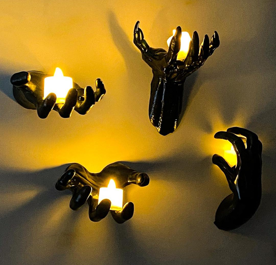 Halloween Decor Indoor, 4 Packs Creepy Reaching Hands with LED Candles, Life-Sized Gothic Wall Decor for Horror, Spooky Halloween Decorations for Home, Party, Goth & Dark Academia Style