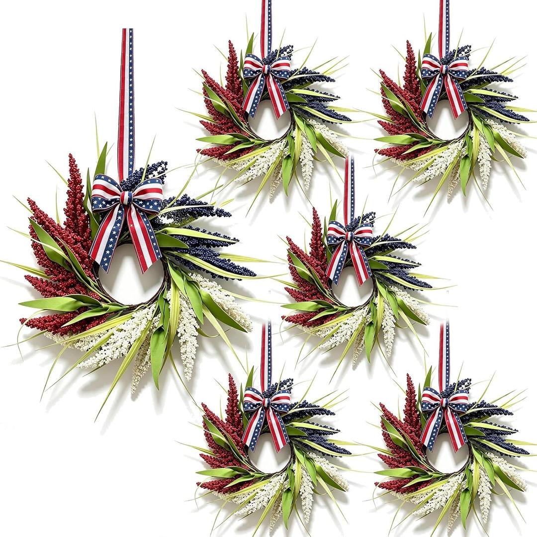 6 Pcs Small 4th of July Hanging Wreaths for Cabinets Patriotic Red White Blue Artificial Ear of Wheat Ring Small Pillar Candle Holder Wreath for Independence Day Memorial Day Porch Front Door