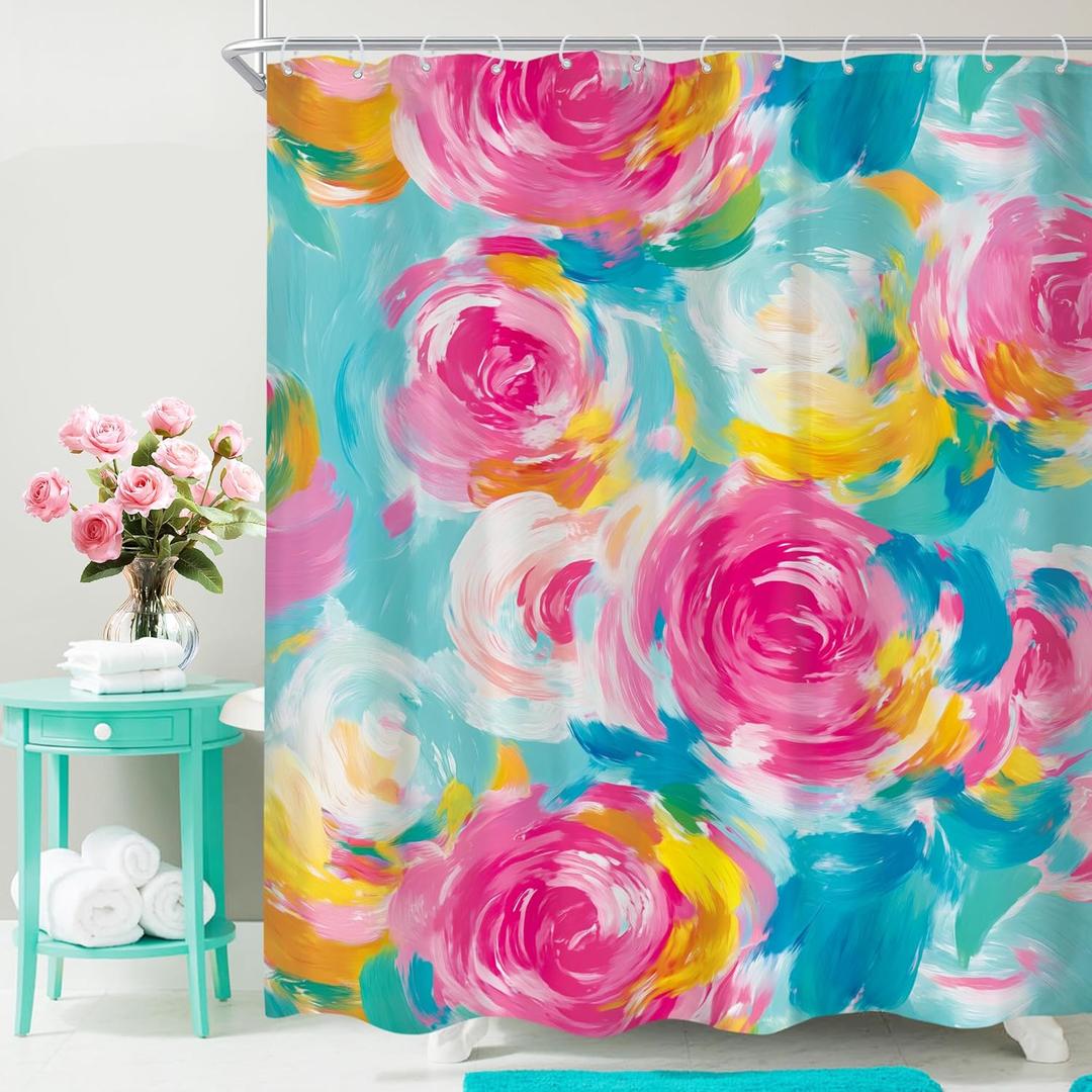 Cinbloo Abstract Rose Colorful Flower 60Wx72H Shower Curtain Watercolor Pink Blue Floral Oil Painting Minimalist Modern Bathroom Curtain Set Girl Women Pretty Aesthetic Bath Bathroom Accessories Decor
