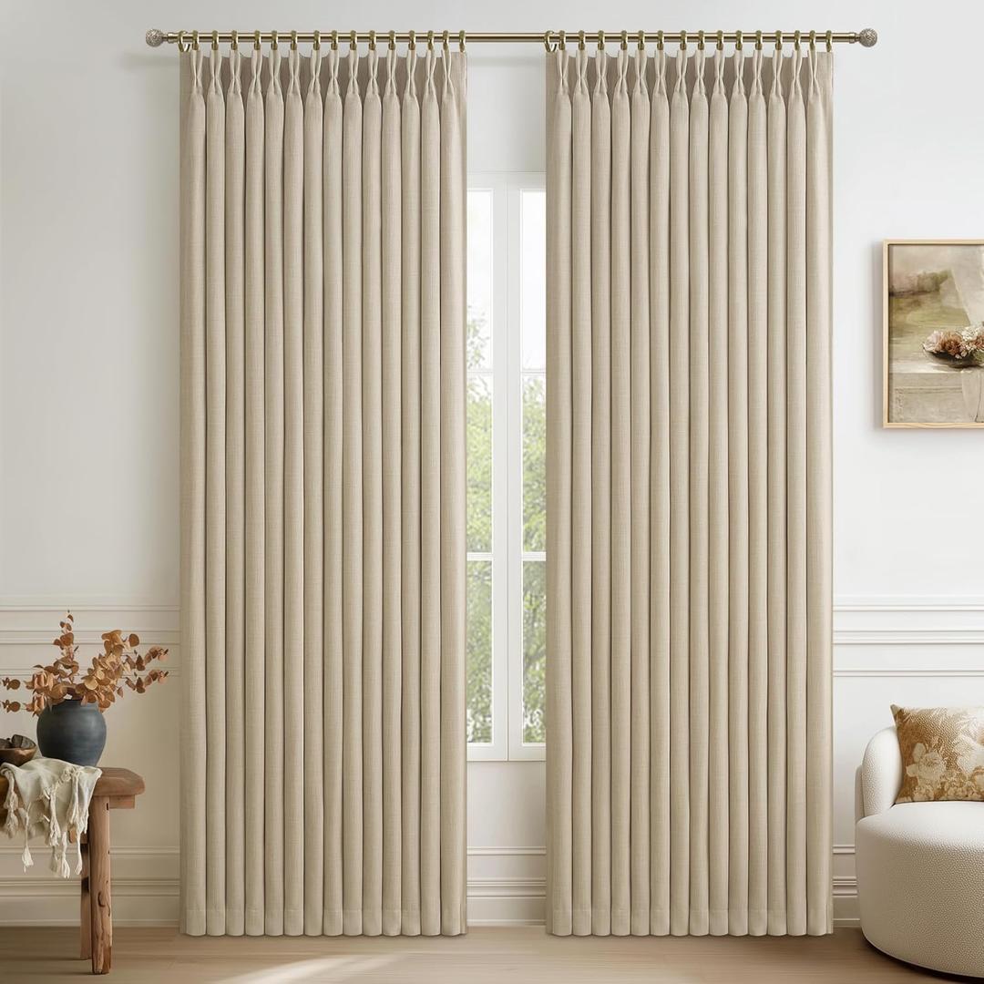 Pleated Natural 90 Inch Blackout Curtains for Dining Room 2 Panels Set, Rustic Farmhouse Pinch Pleat Linen Soundproof Curtain Thermal Room Darkening 2 Layer Thick Drapes 40"W x 90"L(Hooks & Back Tab)