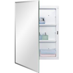 Plastic Bathroom Medicine Mirror Cabinet 16 x 22 inch, Surface and Recessed Mount, Beveled Edge Mirror (White)