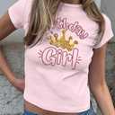 Birthday Shirt Women Birthday Girl Graphic Tee Funny Crop Top Glitter Short Sleeve Crewneck Outfit (Pink, L)
