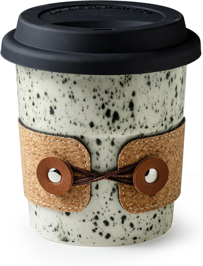 Coffee Travel Mug, Spill Proof Coffee Tumbler, Microwave & Dishwasher Safe, Large Porcelain Coffee Cup, Tea Mug with Lid, Coffee Gifts for Men & Women, 13.5oz (White with Black Dots)