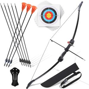 CrazyMouse Bow and Arrow for Teens Beginners Adults Recurve Bow Set 8 Arrows 5 Target Face Archery Longbow Kit Backyard Games Gift for Outdoor Sports