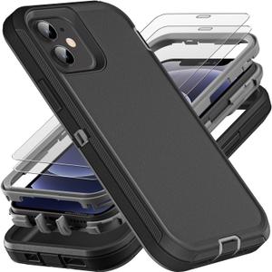 for iPhone 12 Mini Case, Military Grade 3 in 1 Heavy Duty Shockproof/Drop Proof/Dust Proof Case with 2Pcs Tempered Glass Screen Protector (Black/Grey)