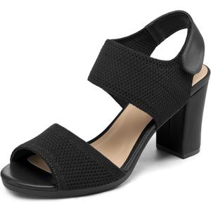 mysoft Women's Chunky Block High Heels Elastic Knit Open Toe Slingback Heeled Sandals (8.5 Wide, Black Hook & Loop)