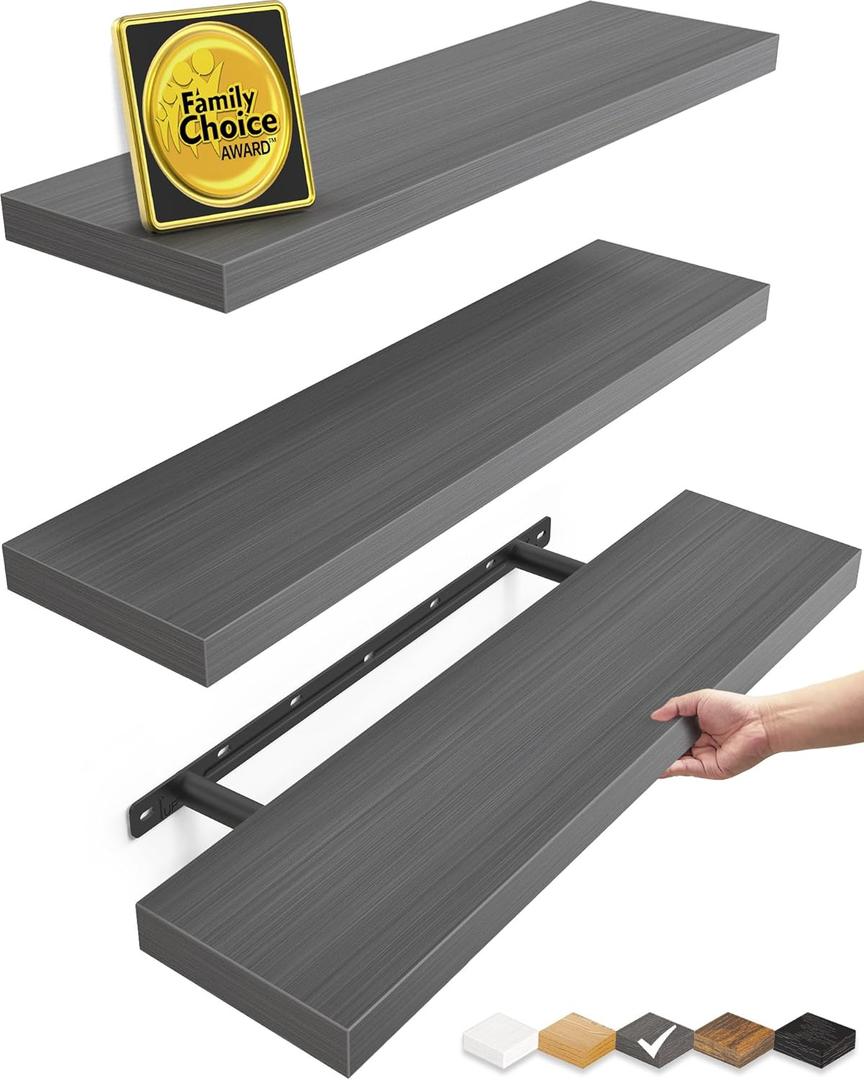 BAYKA Grey Floating Shelves for Wall, 22.5 inches Wall Mounted Rustic Wood Shelves for Bathroom, Bedroom, Living Room, Floating Shelves for Books/Storage/Decor (Set of 3) (F. Grey - Industrial Edge Style)