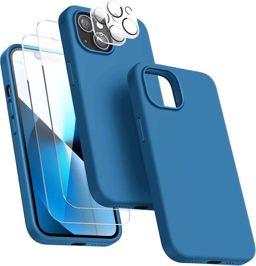 Dssairo 5 in 1 Designed for iPhone 13 Case, with 2 Pack Screen Protector,2 Pack Camera Lens Protector, Liquid Silicone Ultra Slim Shockproof Protective Phone Case Microfiber Lining 6.1,Blue