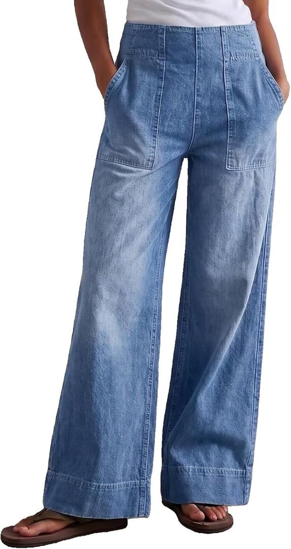 Women's Wide Leg Jeans Soft Baggy Low Mid Rise Elastic Waist Pull On Denim Pants Trendy Y2k (Large, Blue)