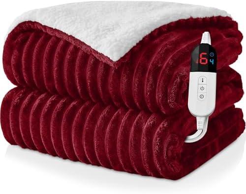 Easthome Electric Heated Blanket Queen Size Dual Control - 84"x90" Fast Heating Bed Blankets with 6 Heating Levels & 10 Hours Auto Off, Soft Ribbed Flannel, Over-Heat Protection ETL, Red