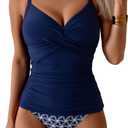 B2prity Women's Ruched Tankini Swimsuits V Neck Wrap Tie Back Bathing Suit Tummy Control Swimwear (Medium, Dark Blue)