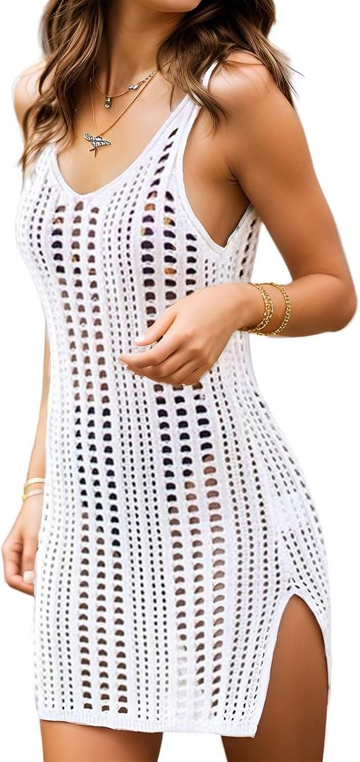 Bellelily Swimsuit Coverup for Women Bathing Suit Cover ups Crochet Beach Tank Dress Hollow Out Slit Bikini Cover Up Dresses, M