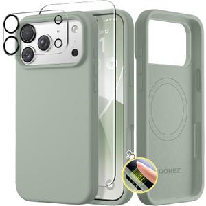 GONEZ Magnetic for iPhone 17 Pro Case, Compatible with MagSafe, [Screen Protector + Camera Lens Protector], Liquid Silicone Anti-Scratch Shockproof Protective Phone Case 6.3 inch, Light Green