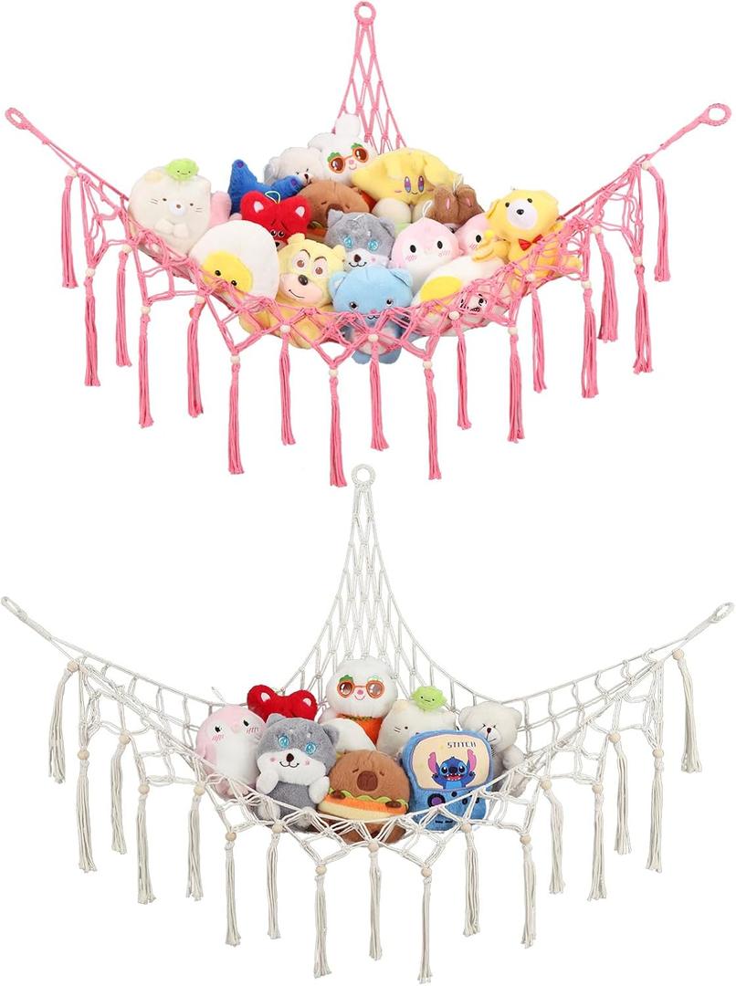 GCRQ Stuffed Animal Hammock Corner Storage Net, 2-Pack Heavy-Duty Cotton Handwoven Large Plushie Net with Metal Anchors & Hooks | Kids Bedroom & Nursery Wall Decor (Cream)