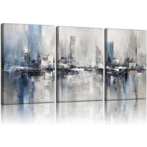 RUURUU 3Pcs Framed Blue Gray Abstract Canvas Wall Art Cityscape Pictures Wall Decor for Living Room Decoration Large Modern Artwork Paintings Prints for Bedroom Home Office Wall Decor 16x24inch
