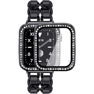 Mosonio Compatible for Apple Watch Band 40mm with Screen Protectors Case Women, Jewelry Bracelet Metal Bands with 2-Pack Bling Case Cover for 40mm iWatch Series SE 6 5 4(Black Link with Black Leather)