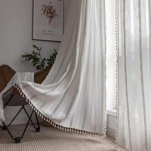 Boho Curtains for Bedroom Embroidery Striped Farmhouse 84 Inches Long 2 Pannels Set White Linen Light Filtering for Living Room Rod Pocket Drapes(52" W x 84" L,White)
