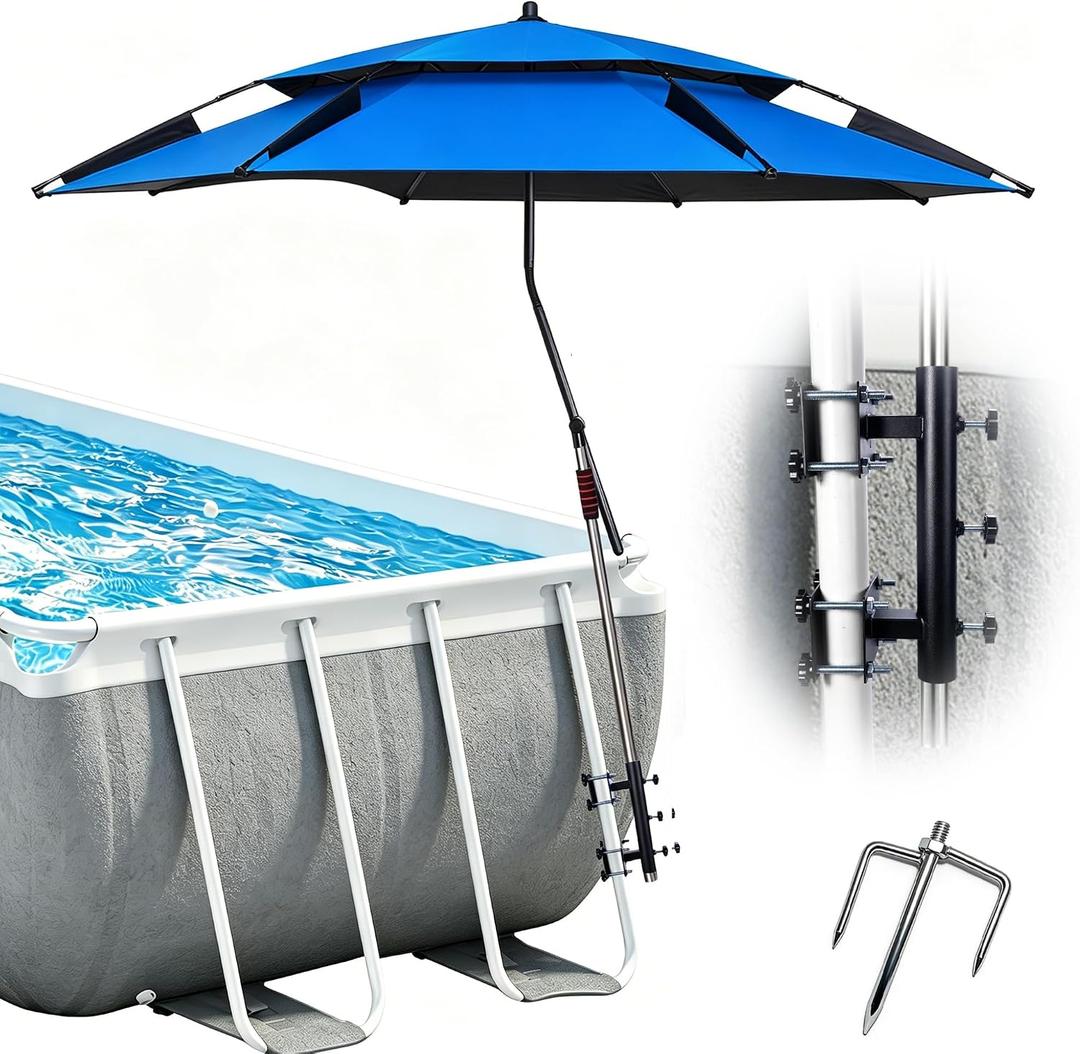 7FT Above Ground Pool Umbrella with Poolside Mount Bracket, Adjustable 5-Level Pool Sunshade for Frame Pools, Heavy-Duty UV Resistant Patio Umbrella for Backyard, Garden, Pool Deck