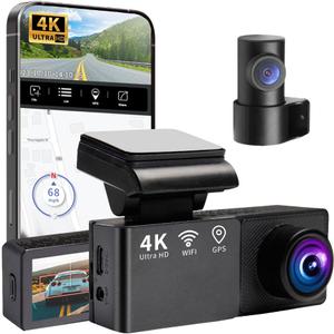 4K Dash Cam Front and Rear Dashcams for Cars, G-Sensor,Built in WiFi with APP, HD Loop Recording, Night Vision, Wide Angle, WDR, Parking Mode