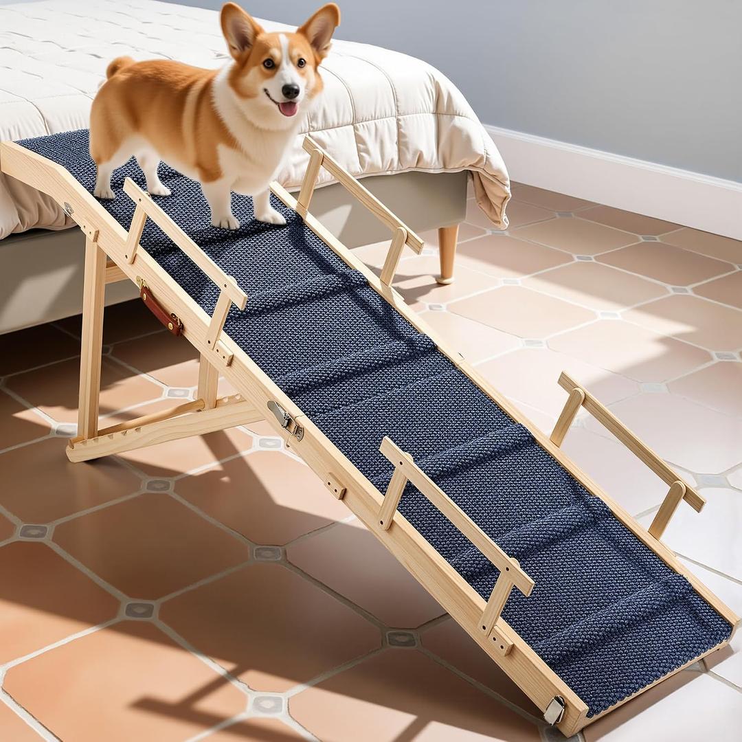 Dog Ramp for Bed with Rails, 64" Long Foldable Pet Ramp for Small Large Dogs, Dog Ramps for High Beds with Safety Side Railng, 6 Adjustable Heights 24" to 30" Up to 220LBS (Gray, 64" X 17inch)