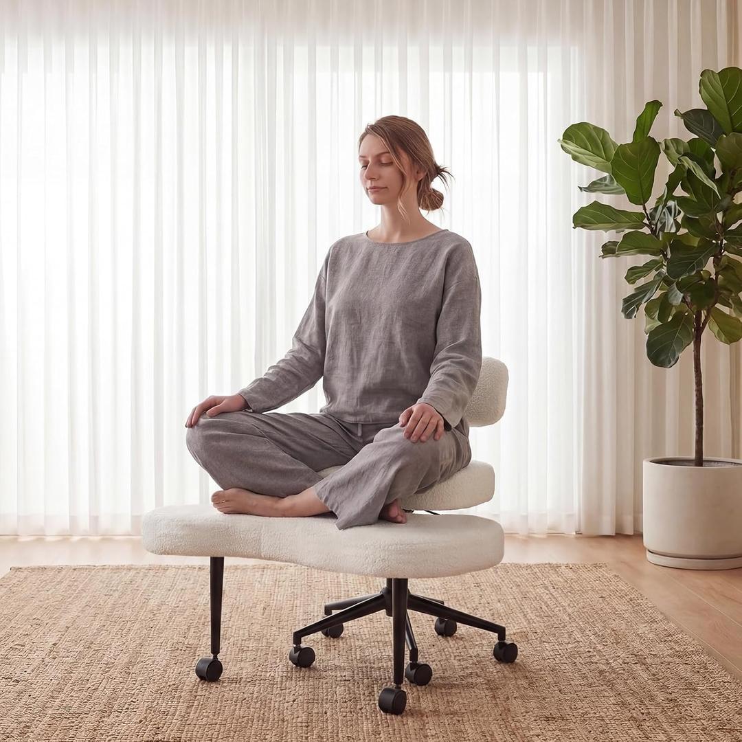 DUMOS Ergonomic ADHD Cross Legged Office Desk Chair with Adjustable Backrest, Height Adjustable Meditation Chair with 360 Swivel Footstool, Teddy Fabric Yoga Stool for Home Office, White