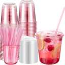 Ziliny 50 Pack 12oz Pink Clear Plastic Cups with Lids and Straws, PET Disposable Drinking Cups, Disposable Iced Coffee Cup for Smoothies, Cold Drinks, Parties, Wedding, Meeting, Drink Shops