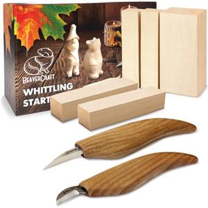 BeaverCraft Wood Carving Kit for Beginners S16  Whittling Knives Sloyd, Chip Wood Carving Knife, Basswood Blocks for Carvers - Whittling Tools Set