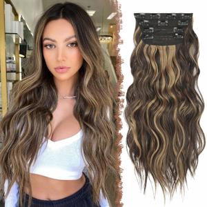 FESHFEN Clip in Hair Extensions - 4 PCS Long Wavy Clip in Hairpieces Full Head Synthetic Hair Extension for Women, 20 Inch Brown Highlighteded Caramel Blonde FESHFEN Clip in Hair Extensions - 4 PCS Long Wavy Clip in Hairpieces Full Head Synthetic Hair Extension for Women, 20 Inch Brown Highlighteded Caramel Blonde