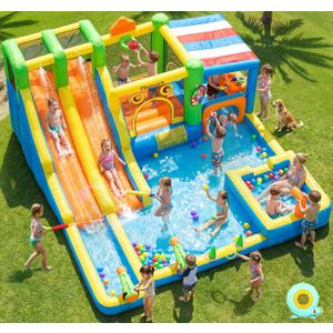 FBSPORT Inflatable Bounce House Double Water Slide,11 in 1 Inflatable Water Slide Park with 680W Blower, Splash Pool, Climbing Wall, Bouncy Castle for Indoor Outdoor Backyard, 13'3" x 6'7" x 14'7"